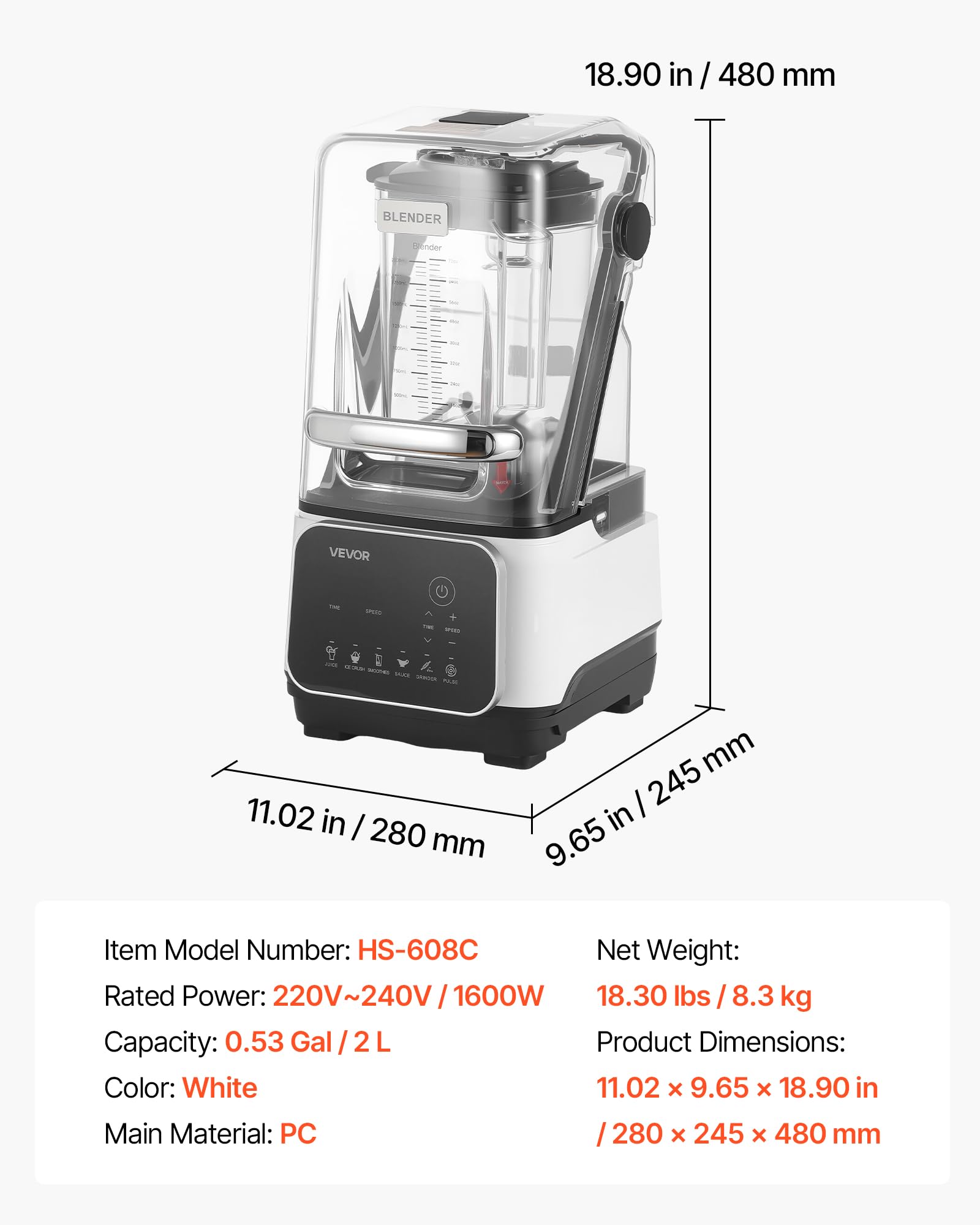 VEVOR Batidora de Vaso con Jarra de 2 L, Licuadora Profesional con Protector, 2200 W, 26000 RPM, Velocidad Ajustable, 6 Programas Preestablecidos para Batidos, Trituración de Hielo, Purés, Blanco