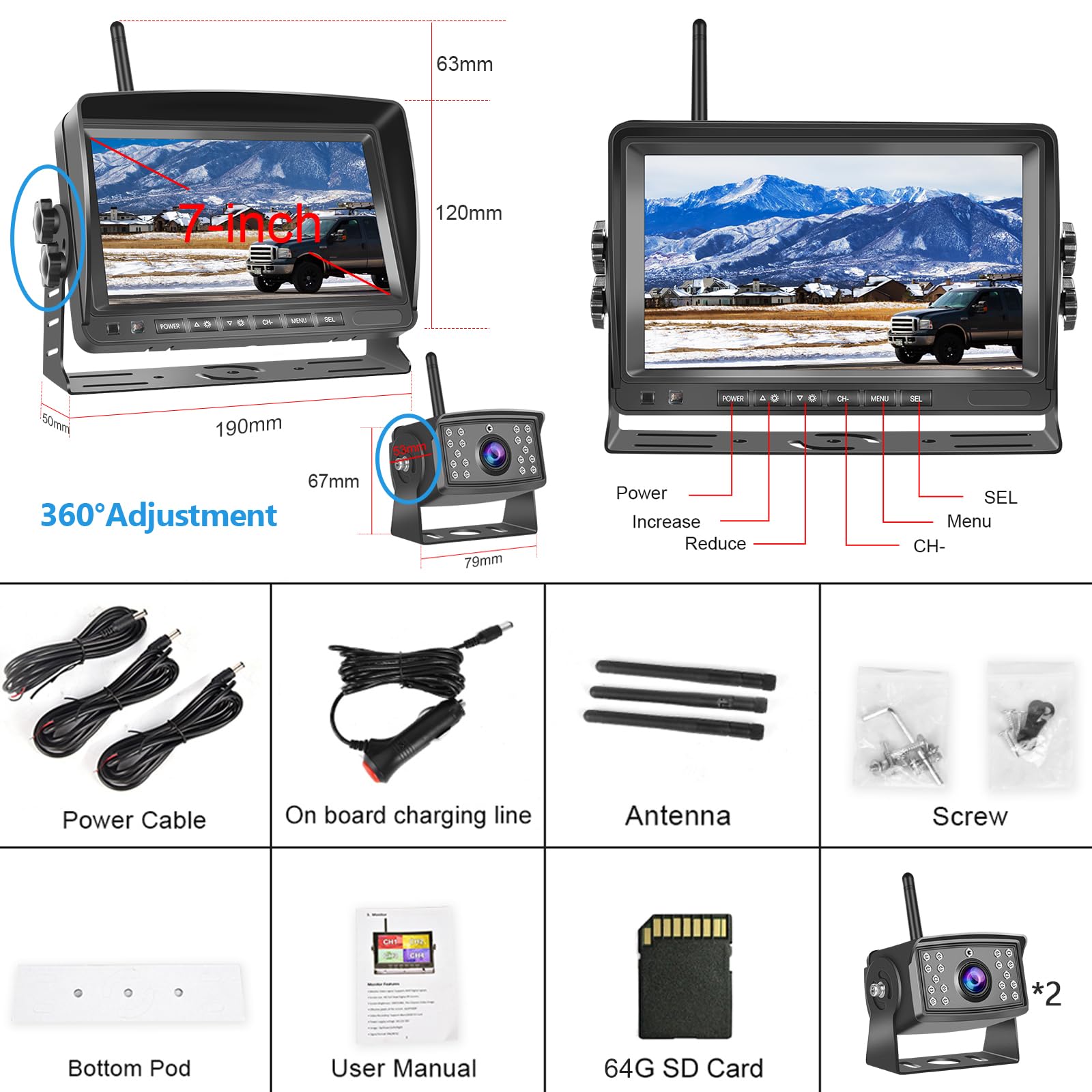 Hodozzy Camara Marcha Atras Inalámbrica Digitales DVR Monitor IPS 7 Pulgadas AHD 2 Cámaras con SD 64GB, Cámara de Visión Delantera/Trasera Cámara Inalámbrica de Visión Nocturna Impermeable 12V-36V