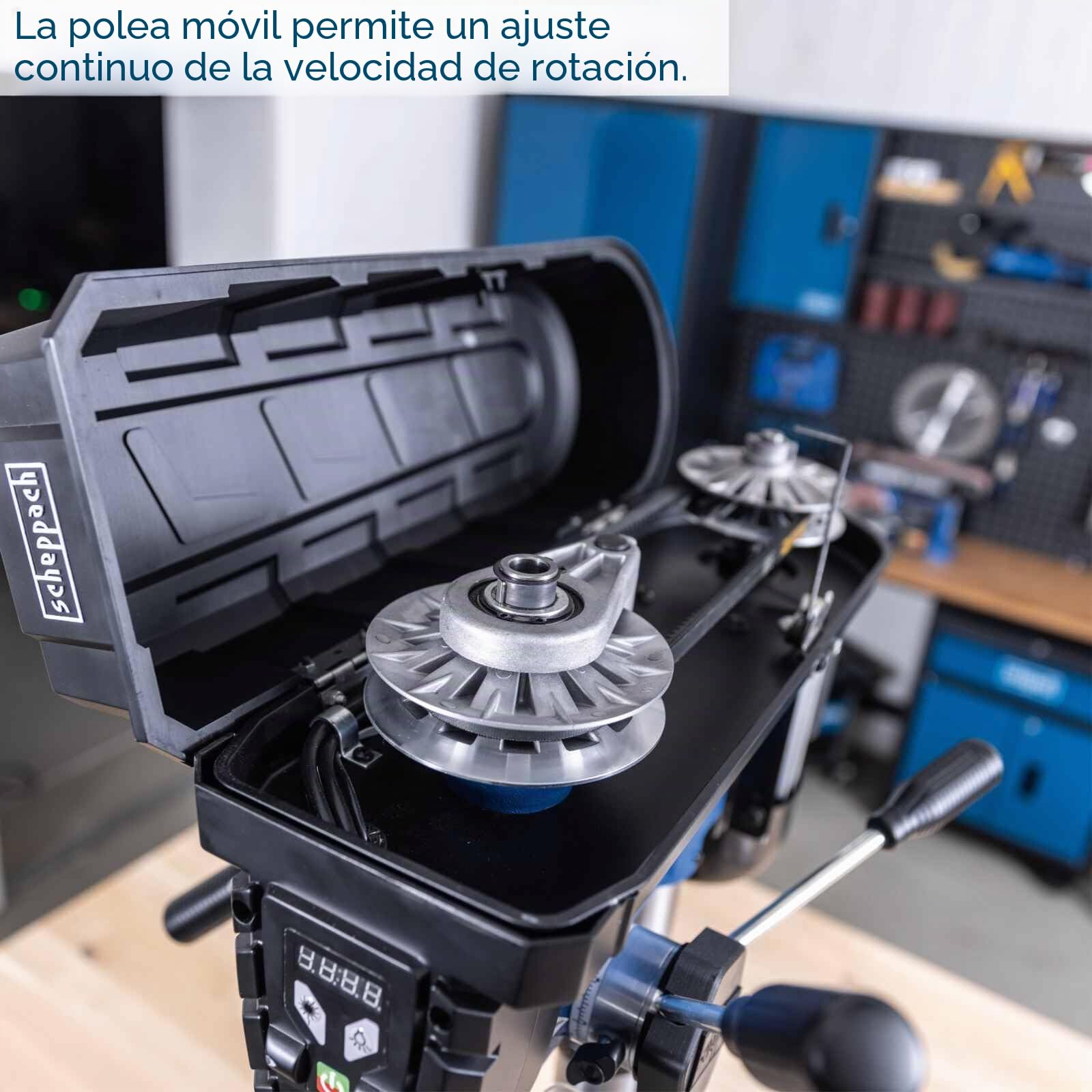 Scheppach Taladro de mesa TBM300Vario con profundidad de perforación de 80 mm, potencia de 750 W, portabrocas de 1-16 mm, velocidad de rotación 440 – 2580 min-1, pantalla digital, láser y LED, madera
