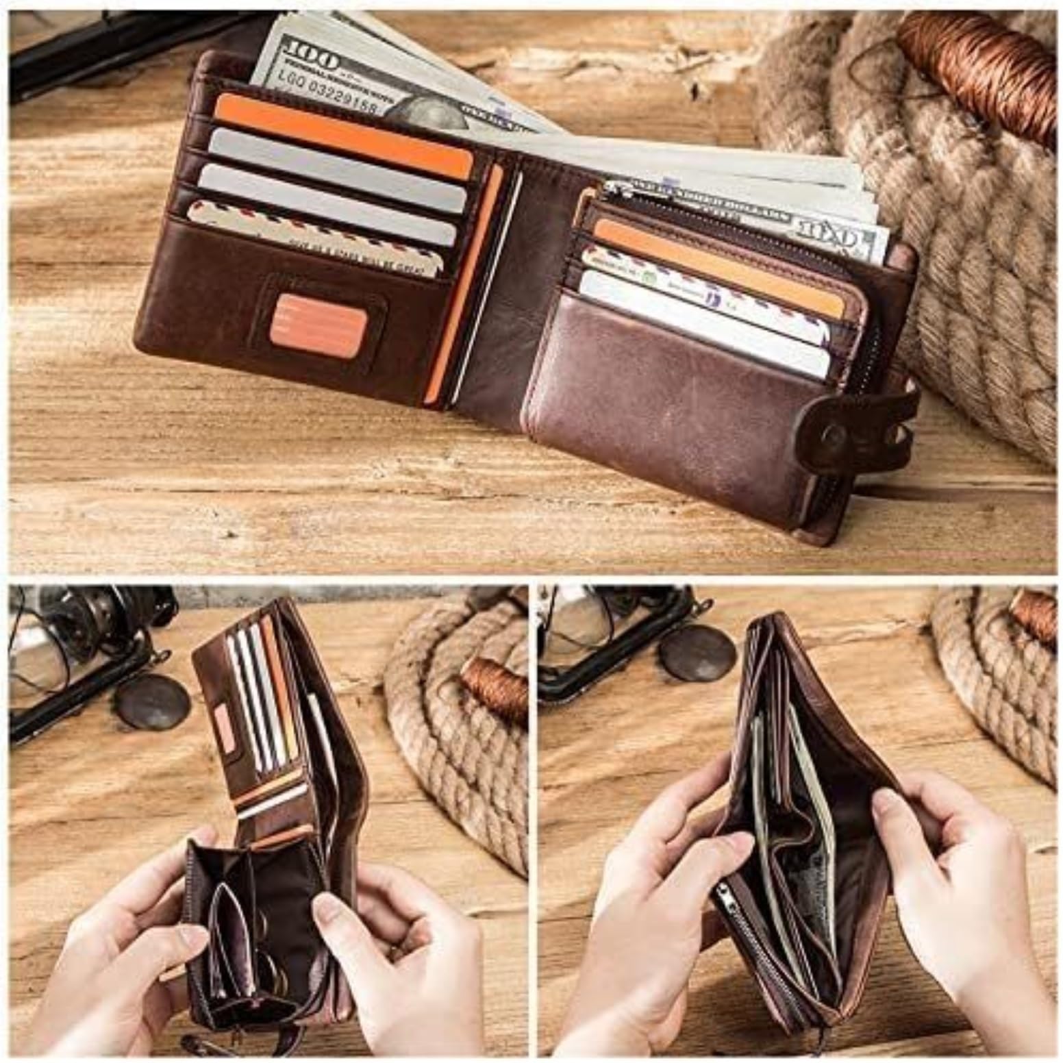 Funzione Di Contenimento Portafoglio Da Uomo In Pelle 1 Pezzo Retrò Casual Corto Con Pochette Lavoro Di Grande Capacità Per Viaggio Uso Quotidiano(Black)