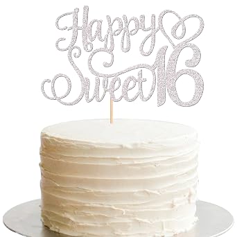 قطعة واحدة من زينة الكيك Happy Sweet 16 اللامعة لعيد الميلاد السادس عشر، تحية إلى 16 عامًا من زينة الكيك Sweet 16 لحفلات الذكرى السنوية السادسة عشر السعيدة، لوازم زينة فضية