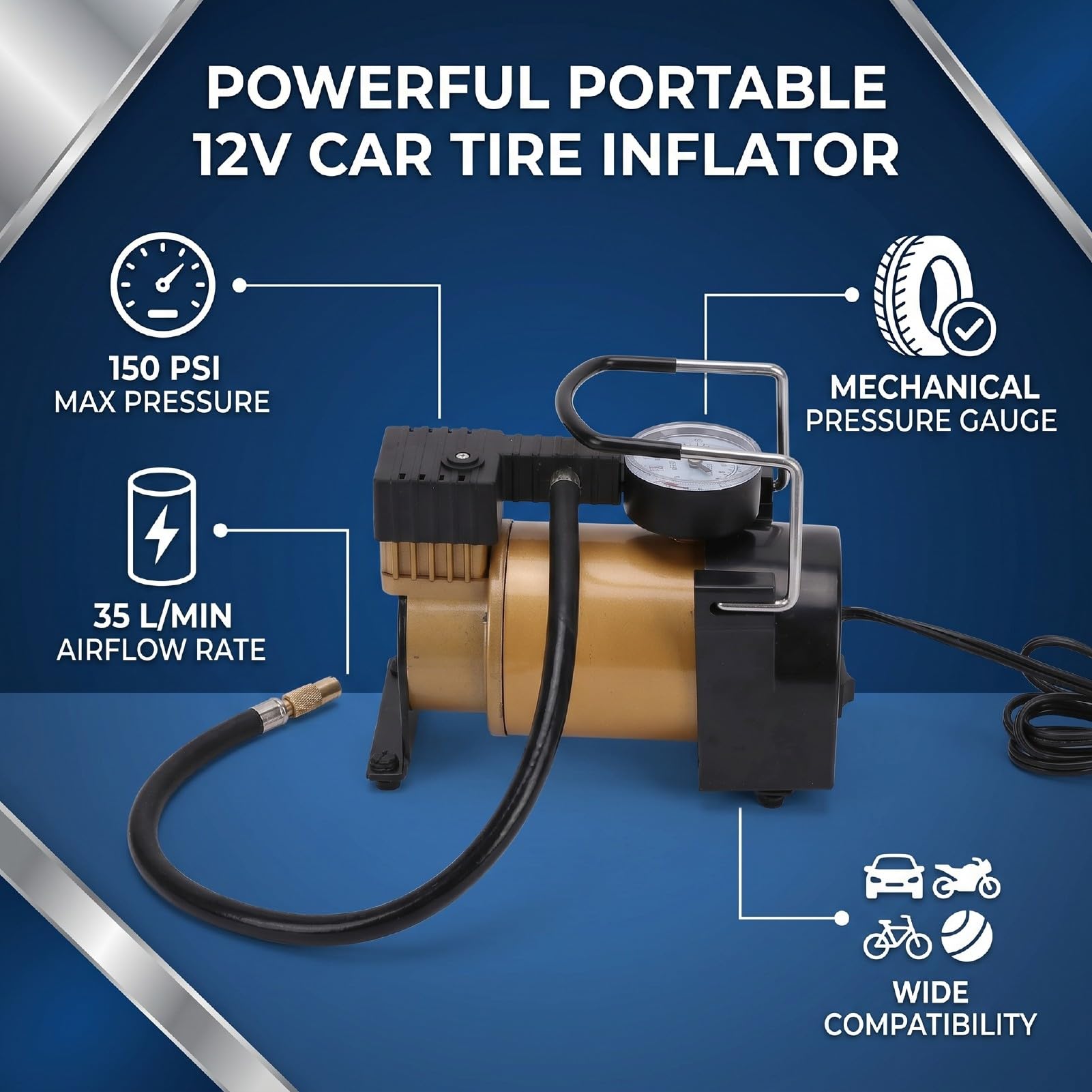 Compressore d'Aria Portatile, Gonfiatore per Pneumatici per Auto 12V 150 PSI con Manometro Analogico, Sostituzione per Pneumatici per Auto, Bici, Palloni Sportivi (Stile rotore)