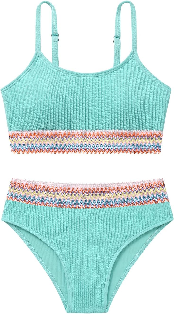 Weixinbuy Girls Swimsuit Color Block Bathing Suit Adjustable Strap Two Pieces Bikini Swimsuits Beach Swimwear for Girls 9-16Y