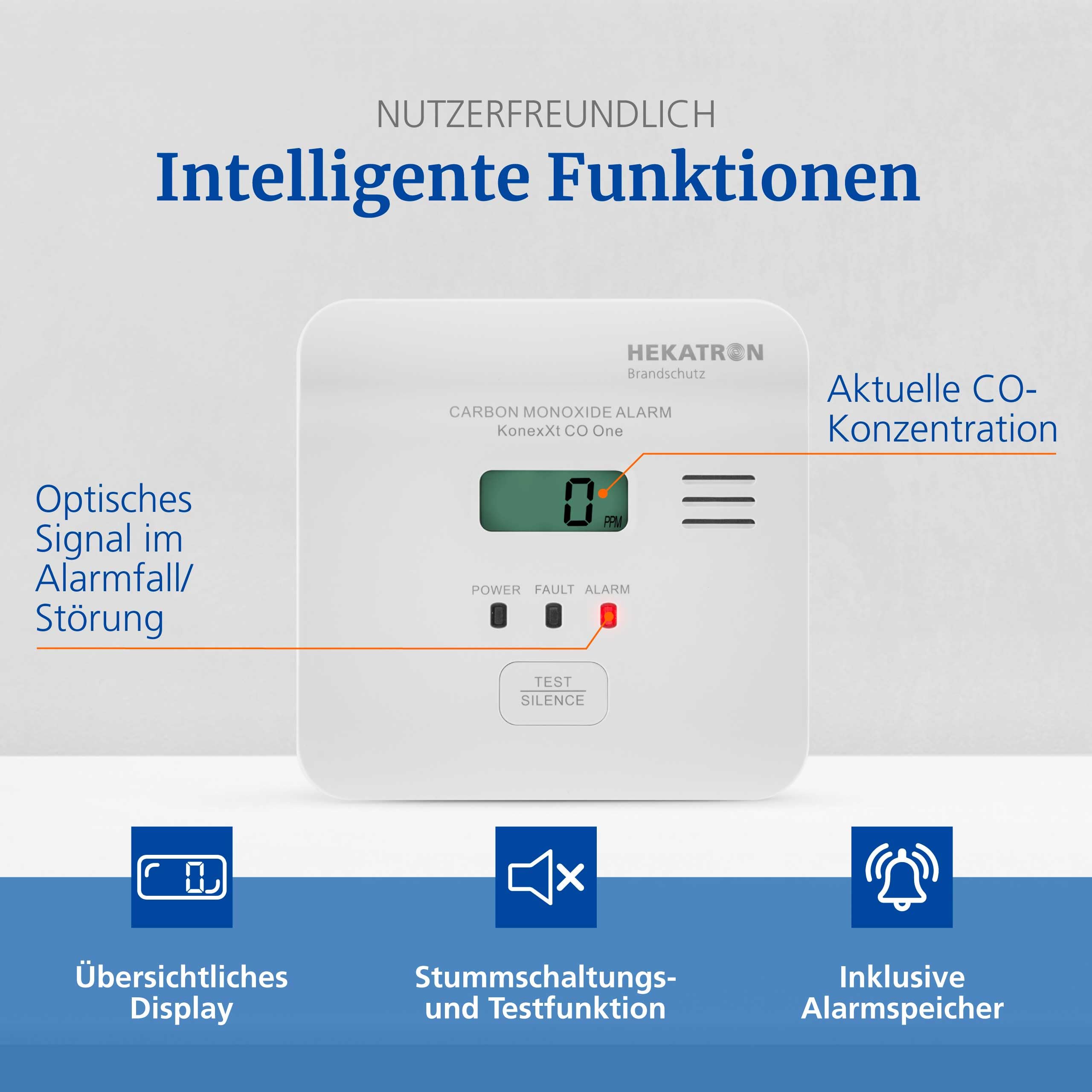 Hekatron KonexXt CO One – Kohlenmonoxid Melder 10 Jahre Batterie – CO Melder mit übersichtlichem Display und Test-Alarm-Taste, einfache Installation
