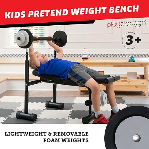 Miniatura 4 de Play Platoon Juego de banco de pesas para niños, equipo de gimnasio para niños para el hogar, juegos de pesas de prensa de banco para niños, juego