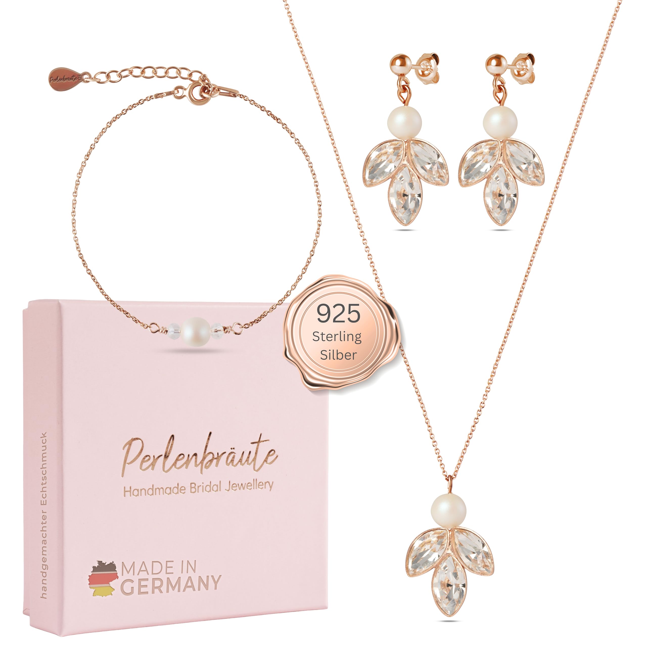 Schmuckset roségold Braut Zirkonia - premium 925 Brautschmuck Set rose mit Perlen - hochwertiges Hochzeitschmuckset - Damen Schmuck Set rose Geschenk Braut Frau