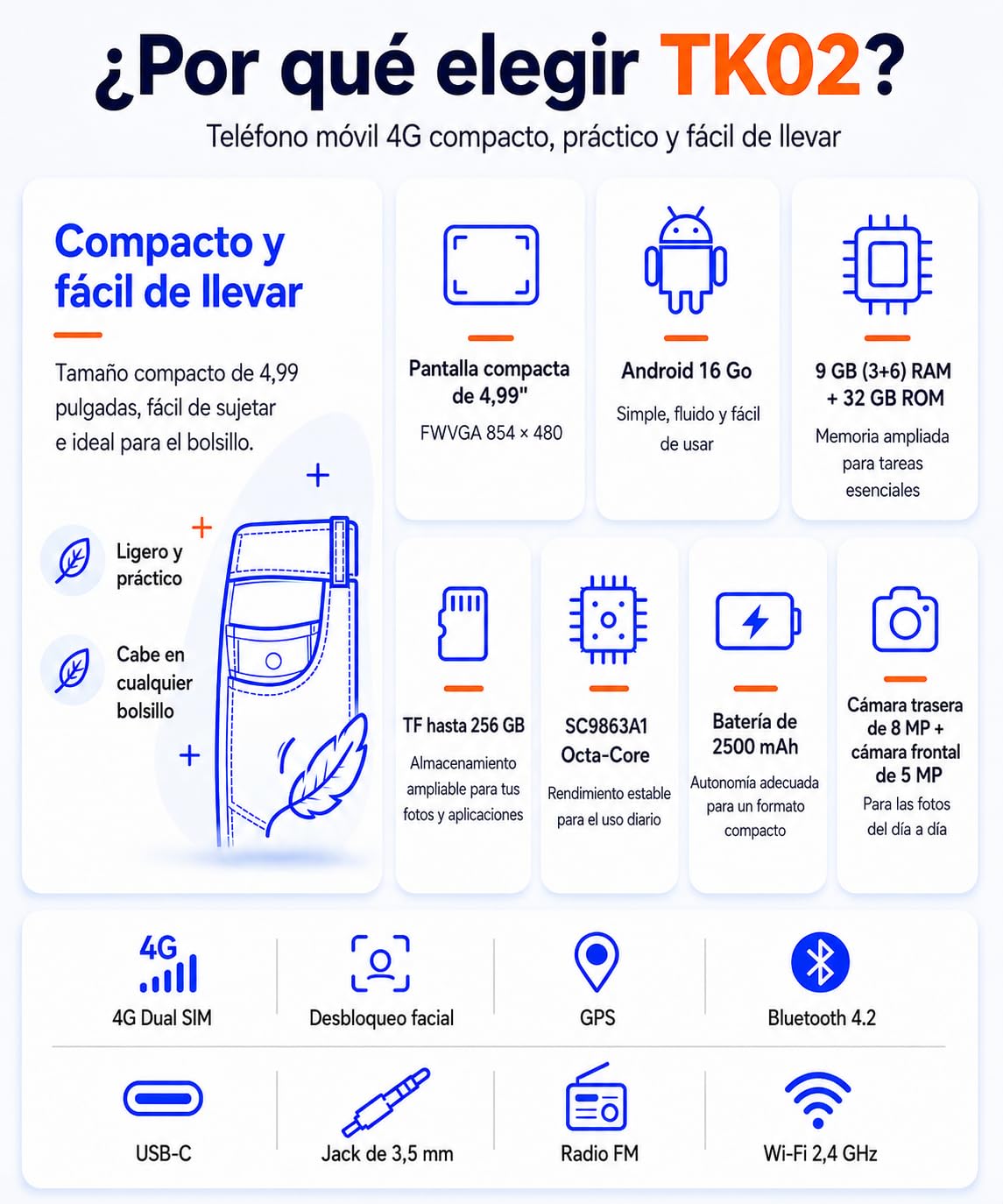 invens TK02 Telefonos Moviles Libres, 9(3+6) GB+32GB/128GB TF Teléfono Móvil, Android 16, 5'' HD+, 8MP+5MP Móvil, 2500mAh, Smartphone Triple 4G SIM GPS/OTG/3.5mm Jack Negro