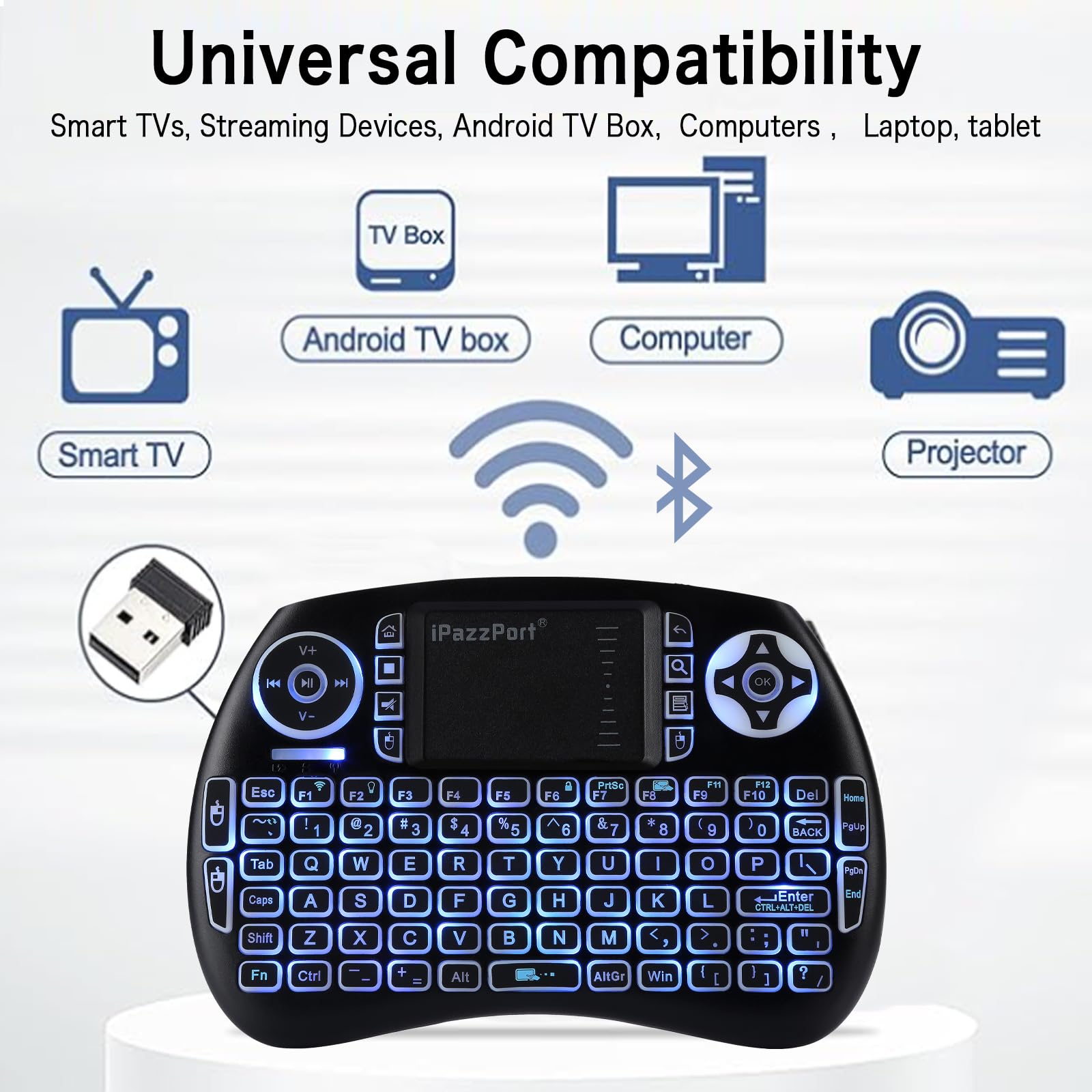Mini Bluetooth e tastiera wireless a doppia modalità da 2,4 GHz con touchpad. | Retroilluminato a 3 colori, batteria al litio ricaricabile, portatile palmare, tasti di scelta rapida multimediali