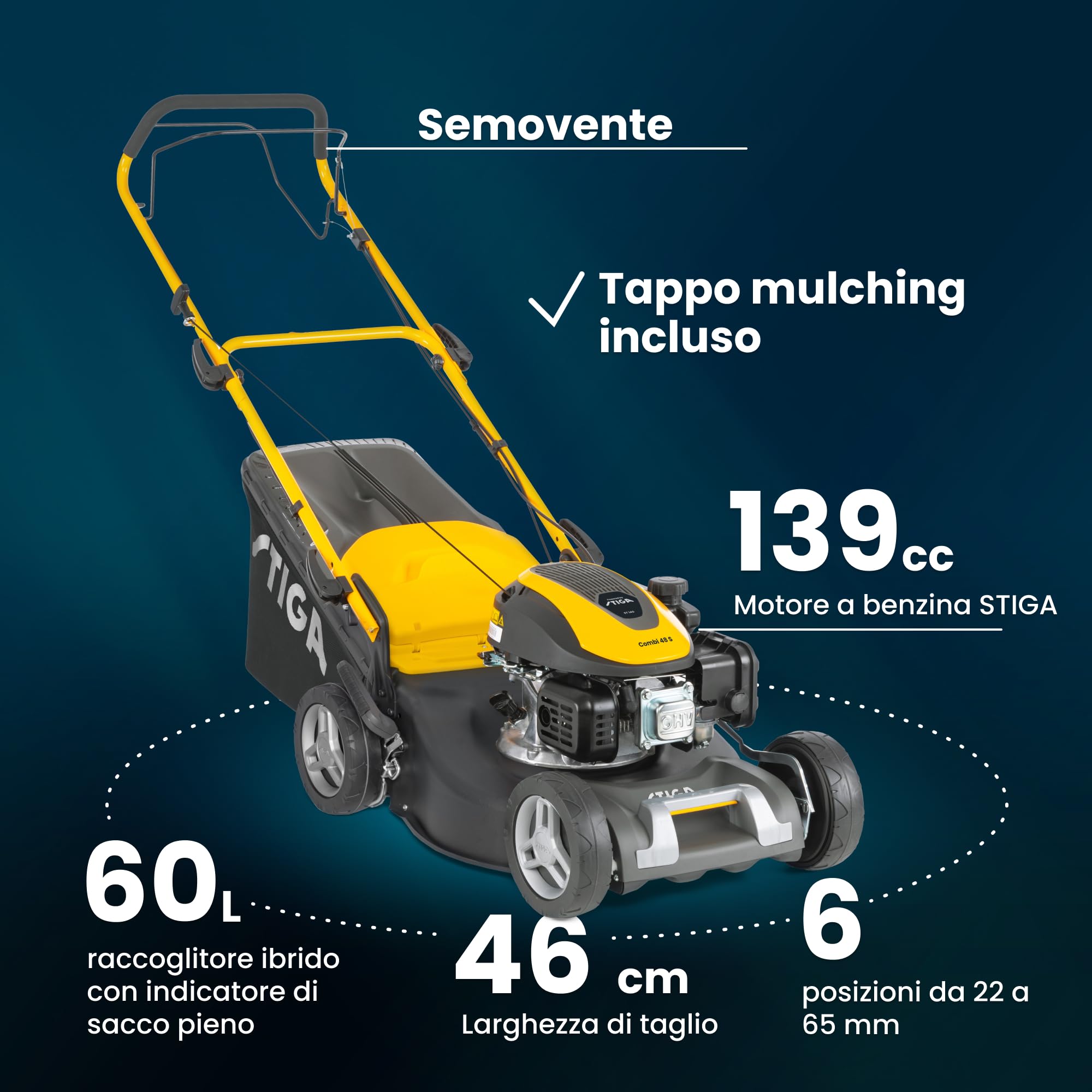 STIGA Combi 48 S samojezdna kosiarka spalinowa, stal 46 cm, silnik 139 cm³, kosz do trawy 60 l, system koszenia 3 w 1, w zestawie