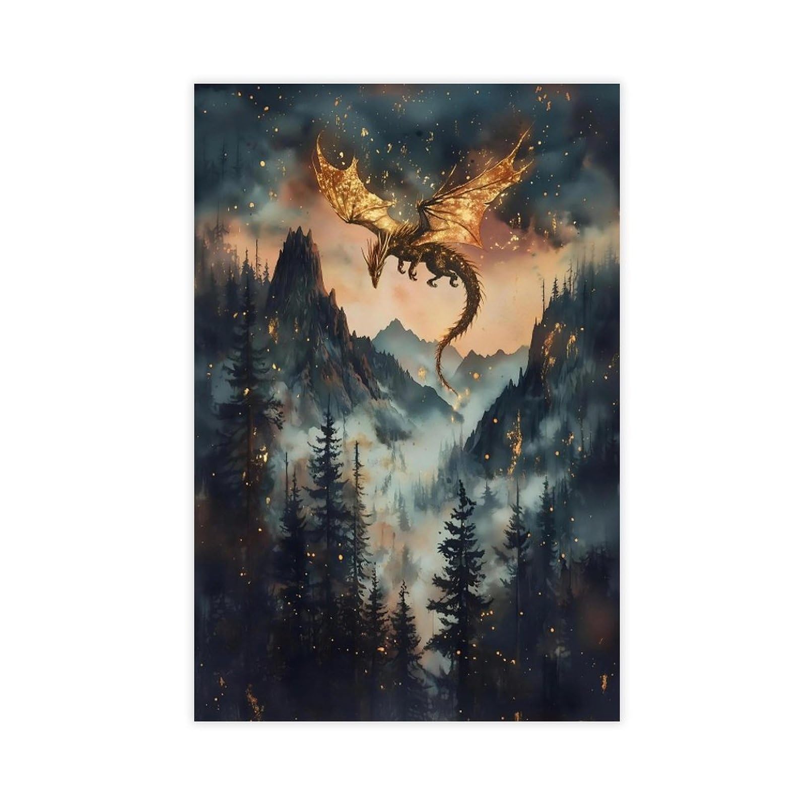 Bareronor Golden Dragon Fantasy Poster Canvas Poster Bedroom Decor Landscape Office Room Decor Gift 20" L X 30" W