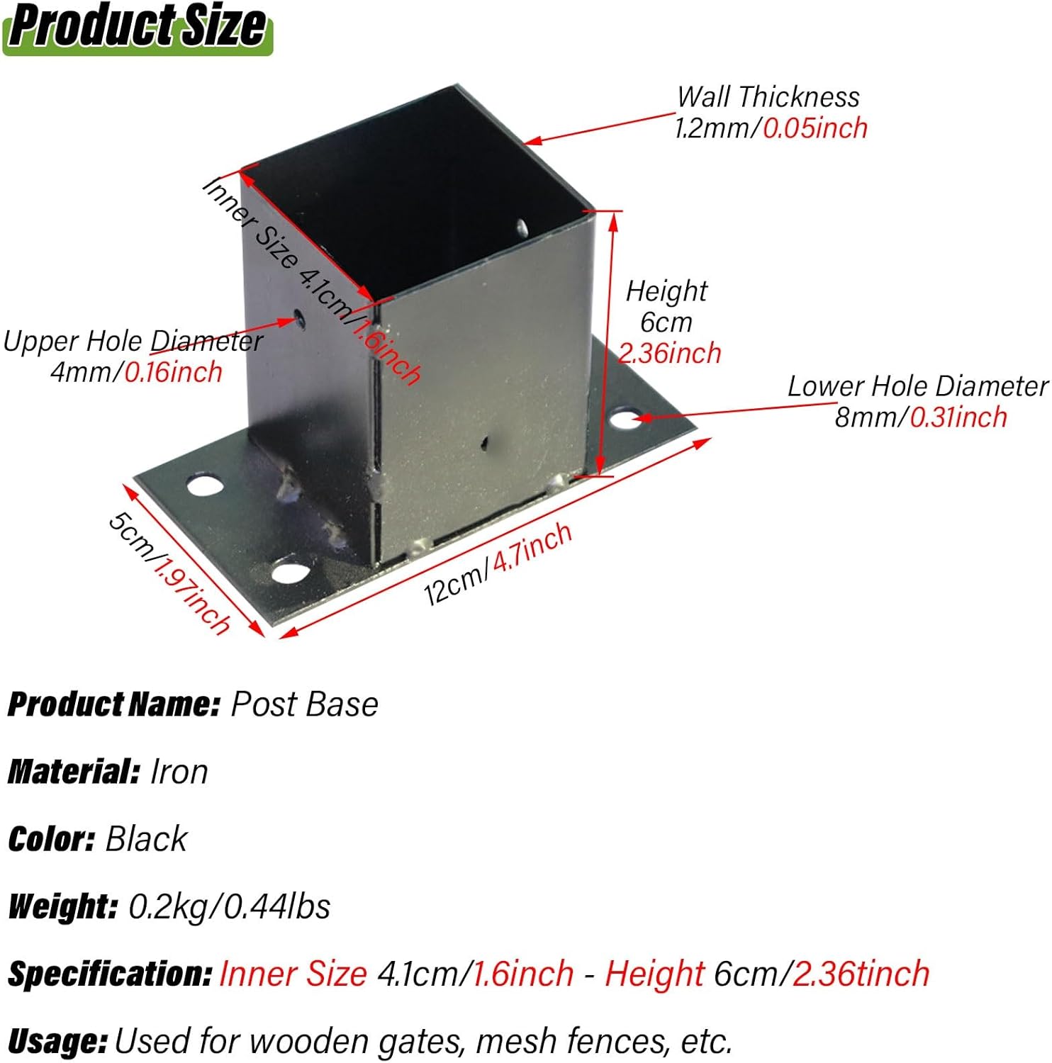 Wood Deck Supports & Porch Railing Post Holders - Enclosed Bottom Fence Post Anchor Base with Installation Kit for Concrete Decks, Pergolas & Mailboxes (4.1x6cm/1.6x2.4in)