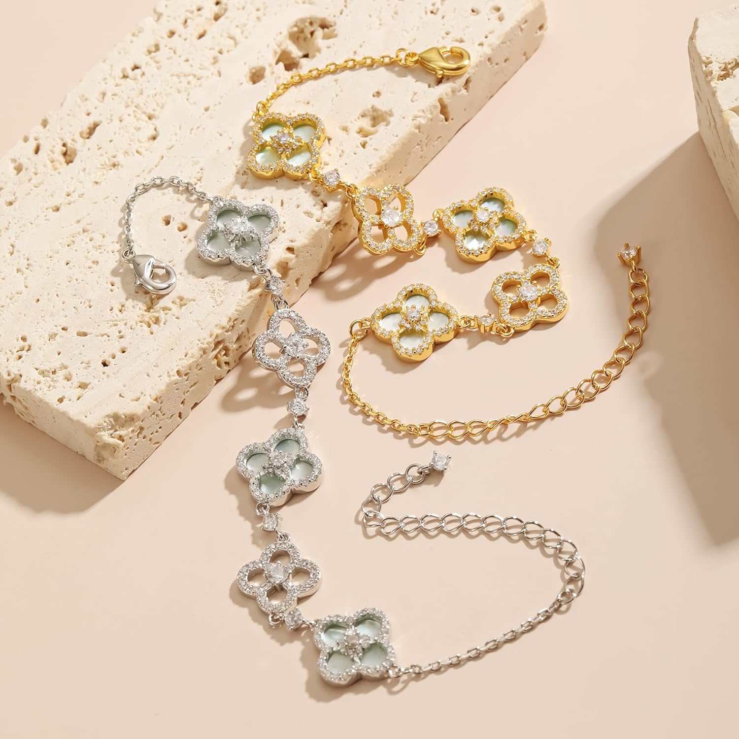 Qitian Clover Bracelet for Women 18K Gold Four Leaf Pink Lucky Link Clover Bracelets, Trendy lucky bracelets for women - Image 8