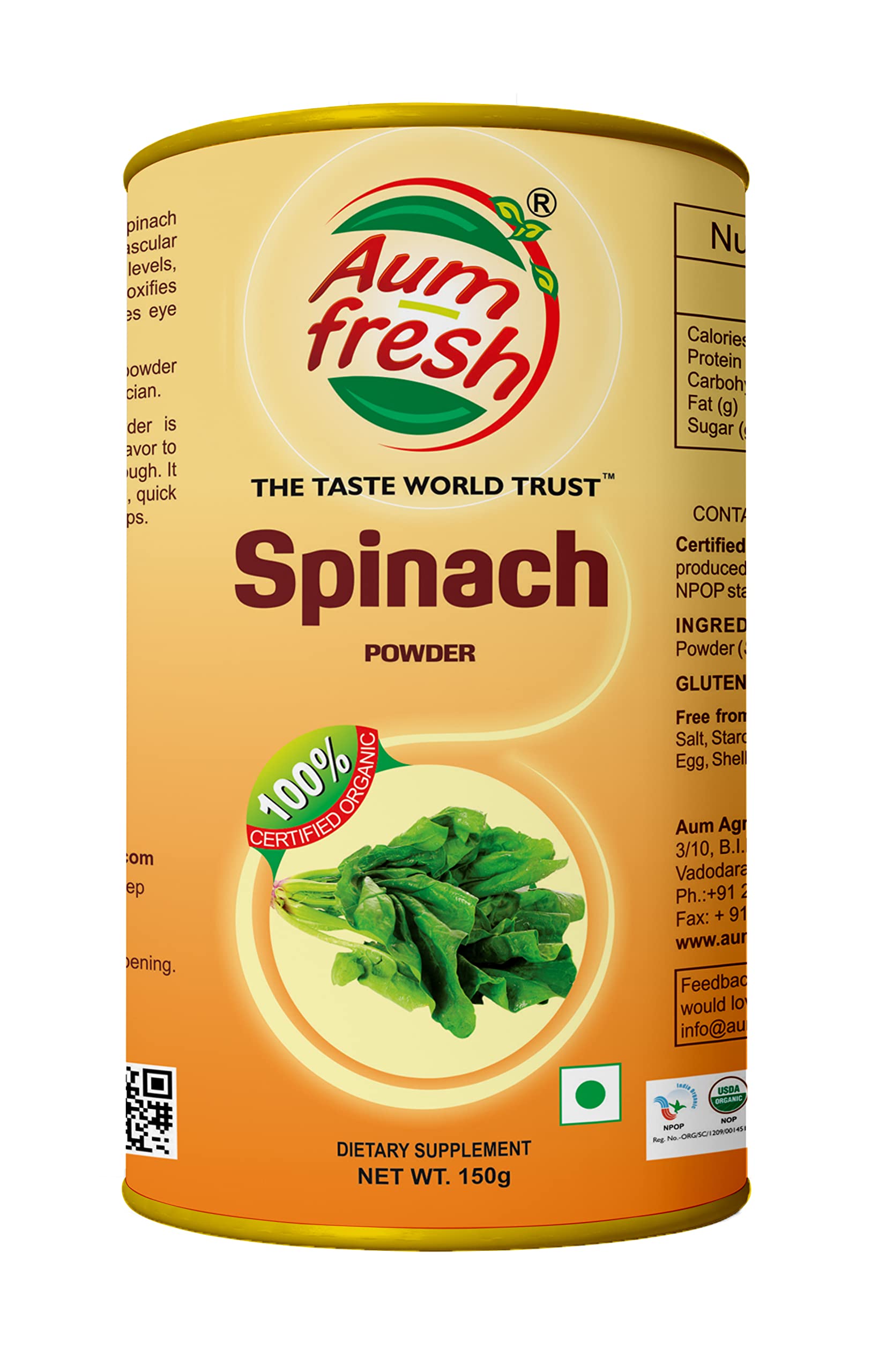 Aum Fresh Organic Freeze Dried Spinach Powder (Spinach, 150 Gm - Can)