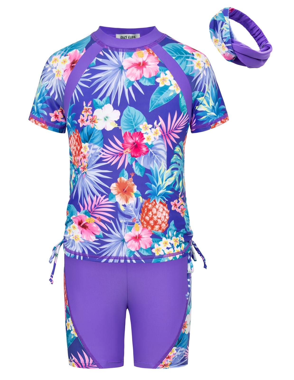 GRACE KARIN Girls Rash Guard Swimsuit Short Sleeve Two Piece Bathing Suit 6-12Y
