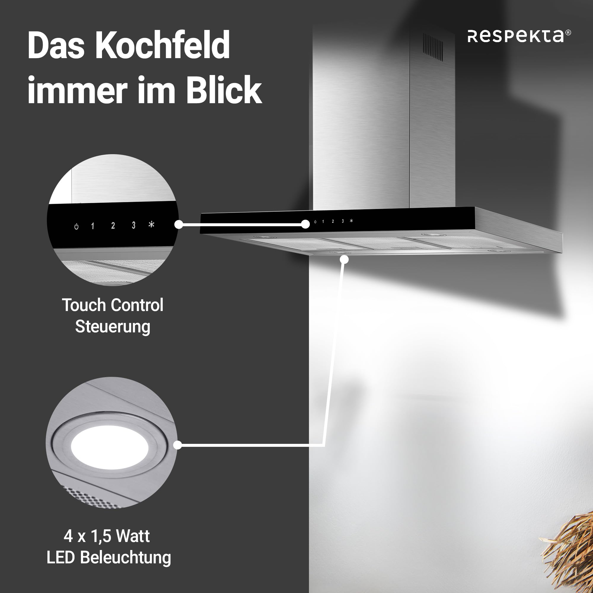 Respekta Dunstabzugshaube Inselhaube 90 cm Edelstahl Glasschirm Schwarz Abluft Umluft 58-73 dB