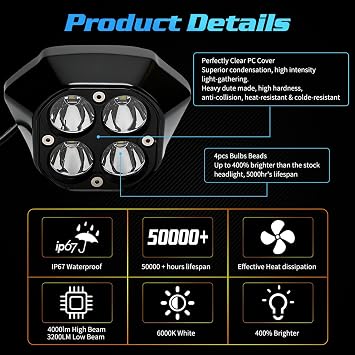 Upgraded Headlight for Sur Ron Ultra Bee, Plug N Play LED Headlight Front Lamp Light with Mounting Bracket, Square Four Bulbs Headlamp & Assemblies for Sur Ron, 3 Modes, Black