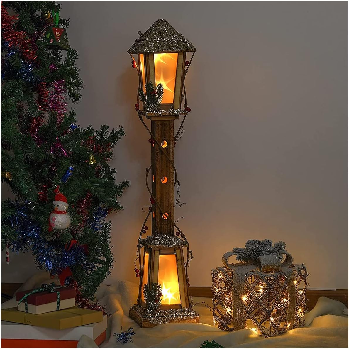 Christmas Decoration- 2.78Ft Glitter Snow Topped Wooden Lamppost with Rotating Star Light, Frosted Star Windows, Home Garden Christmas Ornaments