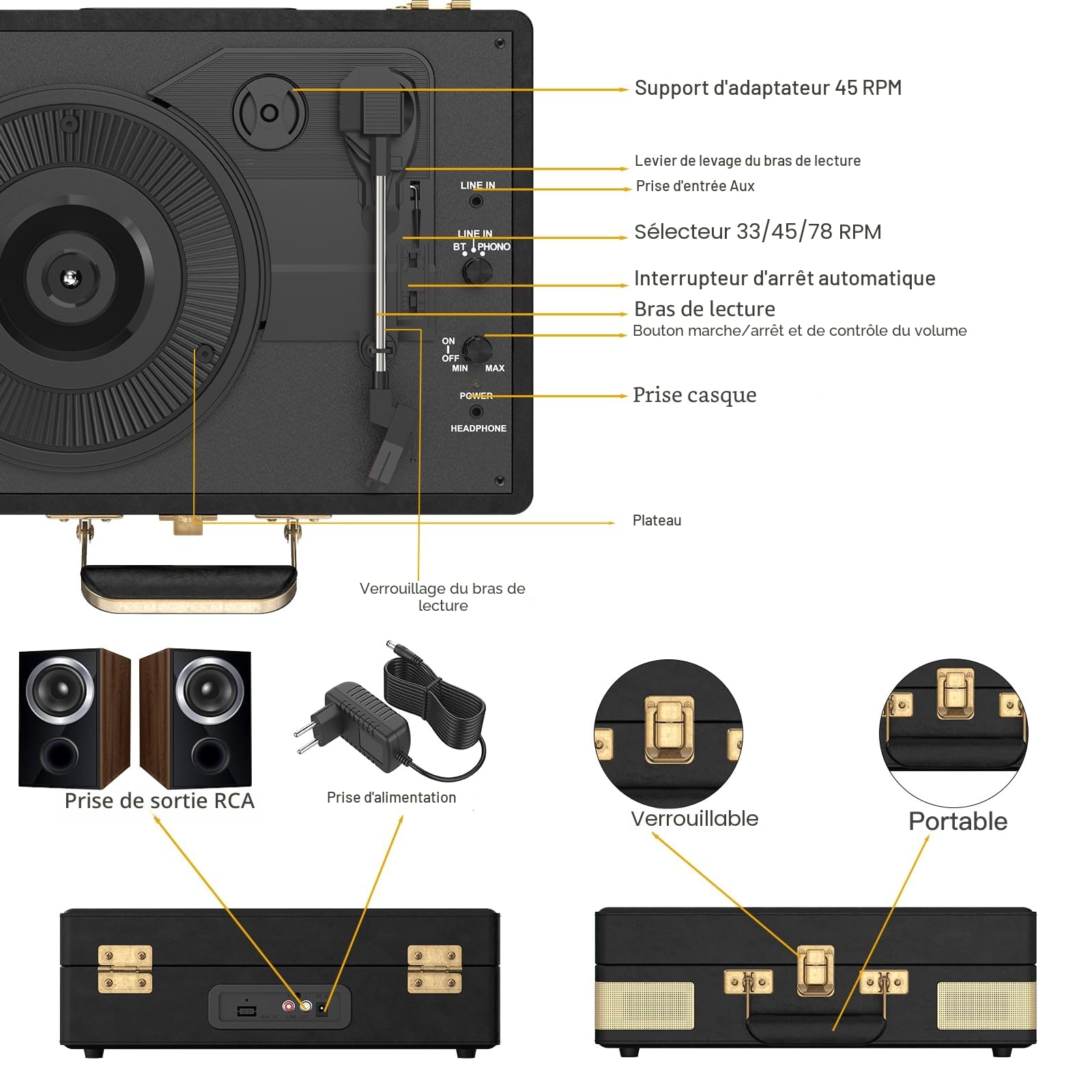 Trynnay Tourne-Disque Bluetooth à 3 Vitesses - Lecteur Portable en Vinyle avec Haut-parleurs intégrés - Tourne-Disque - Son Audio amélioré Noir Vintage
