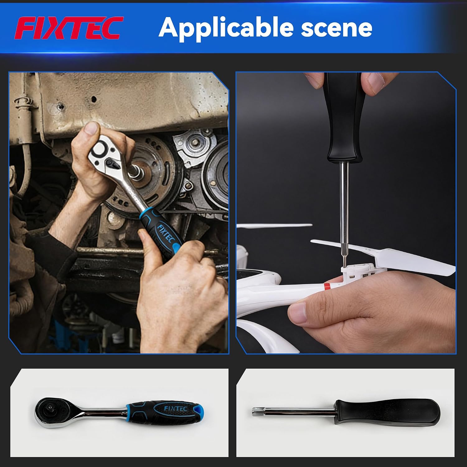 FIXTEC 31 Piece 1/4-Inch Drive Socket Ratchet Wrench Set, SEA and Metric Mechanics Tool Set with Quick Ratchet Handle (72-Tooth), Screwdriver Bit Set, Extension Bars, Universal Joint & Adapter