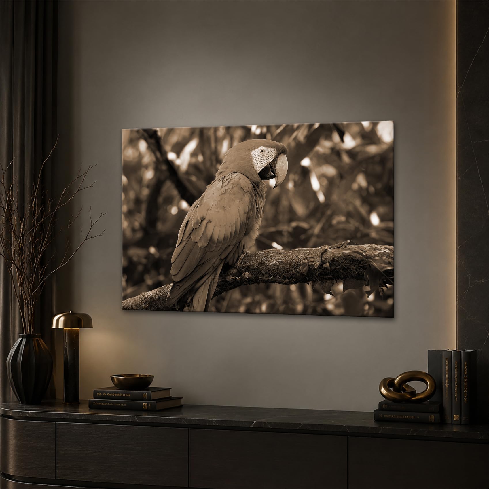 deyoli Obraz na płótnie Kolorowa papuga na gałęzi w lesie 70 x 50 cm Sepia | Format poziomy, jednoczęściowy druk artystyczny XXL, obraz na blejtramie, obraz na płótnie, obraz ścienny, dekoracja salonu