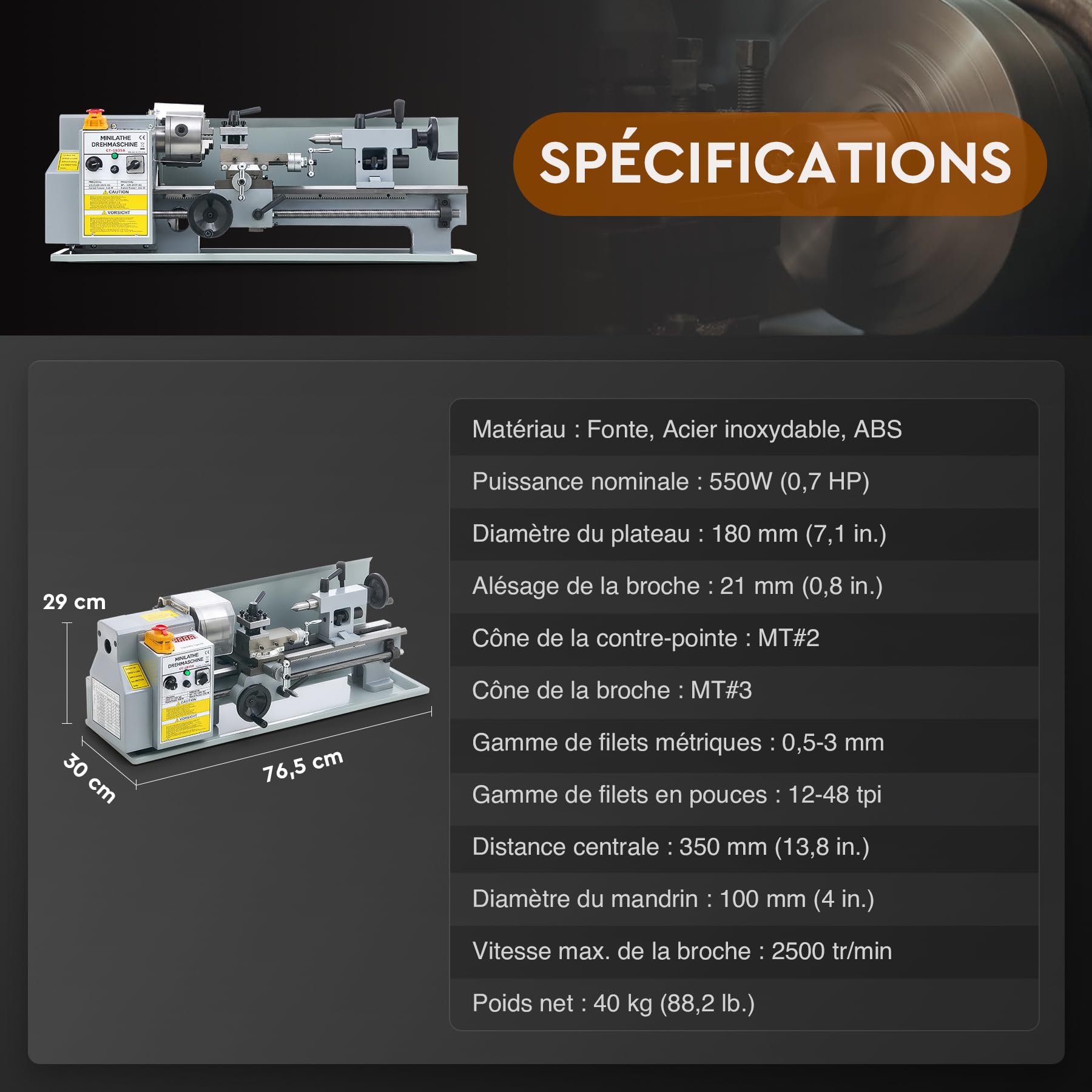 CREWORKS 550W Mini Tour à Métaux d'Établie 180x350mm 7"x14" Haute Précision avec Mandrin à 3 Mâchoires et Vitesse de Broche Max. 2500 tr/min Écran LCD pour Filetage Tournage Perçage