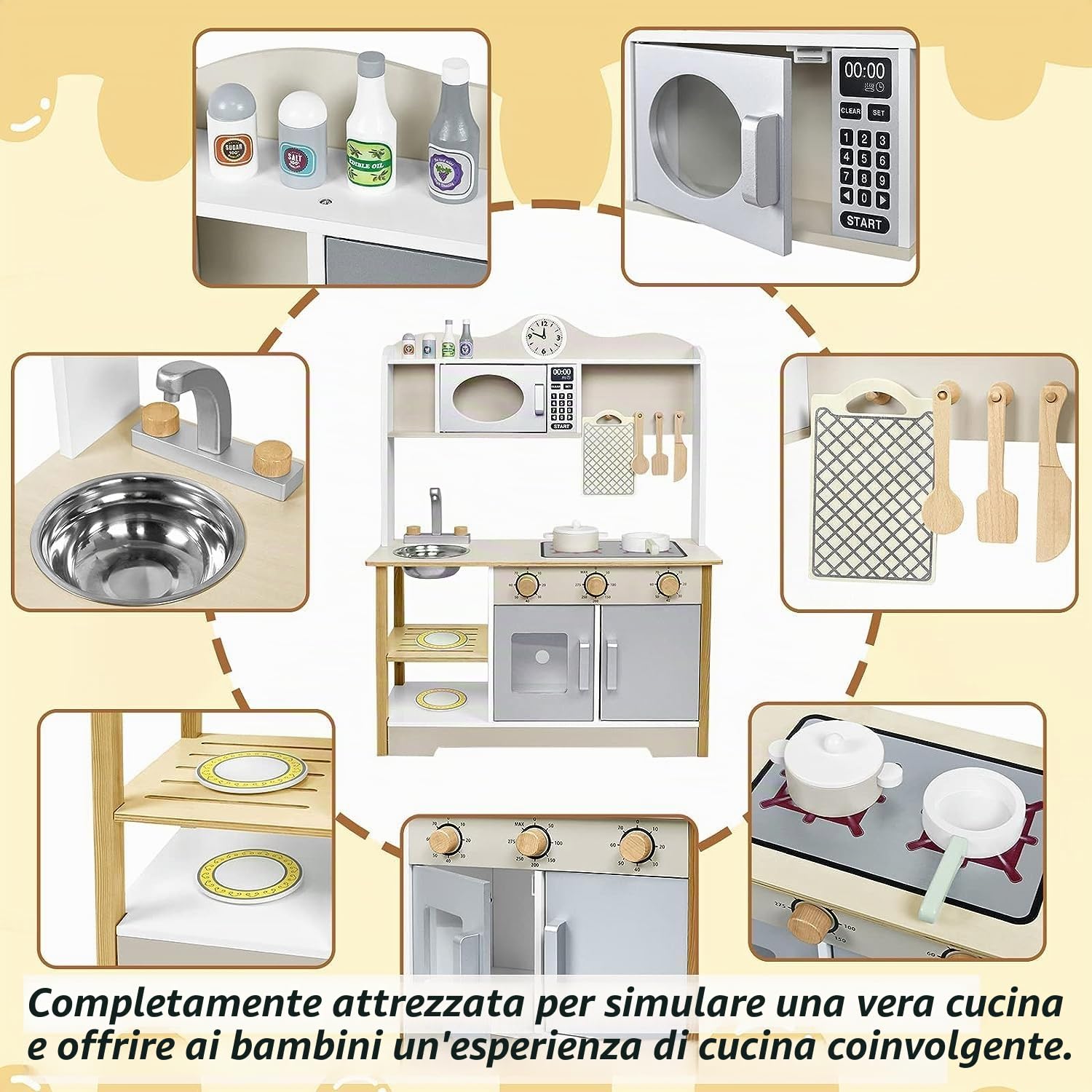 ACXIN Set da Cucina in Legno e Acciaio Inox per Bambini con Accessori - Mini Set Gioco (68 x 26 x 78 cm)