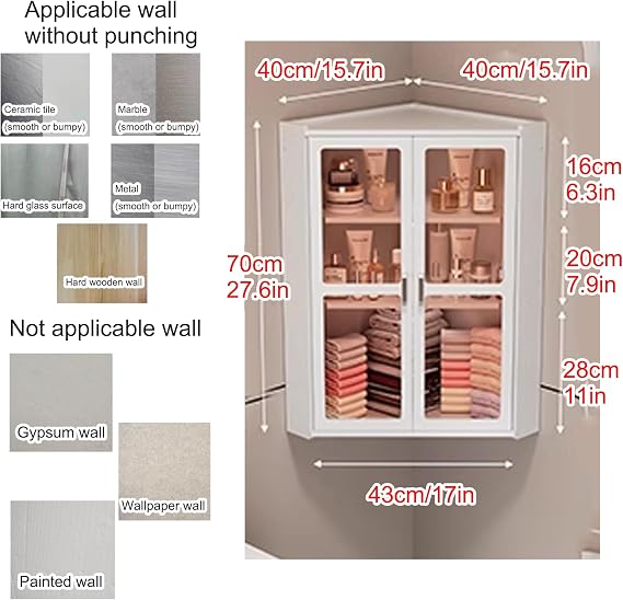 Small corner medicine cabinet, Bathroom Cabinet Wall Mount with Glass Doors, Bathroom Wall Cabinet Over The Toilet, Compact Hanging Cabinet for Bathroom Kitchen Laundry Room dormitories(Transparent,40