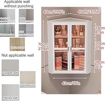 Small corner medicine cabinet, Bathroom Cabinet Wall Mount with Glass Doors, Bathroom Wall Cabinet Over The Toilet, Compact Hanging Cabinet for Bathroom Kitchen Laundry Room dormitories(Transparent,40
