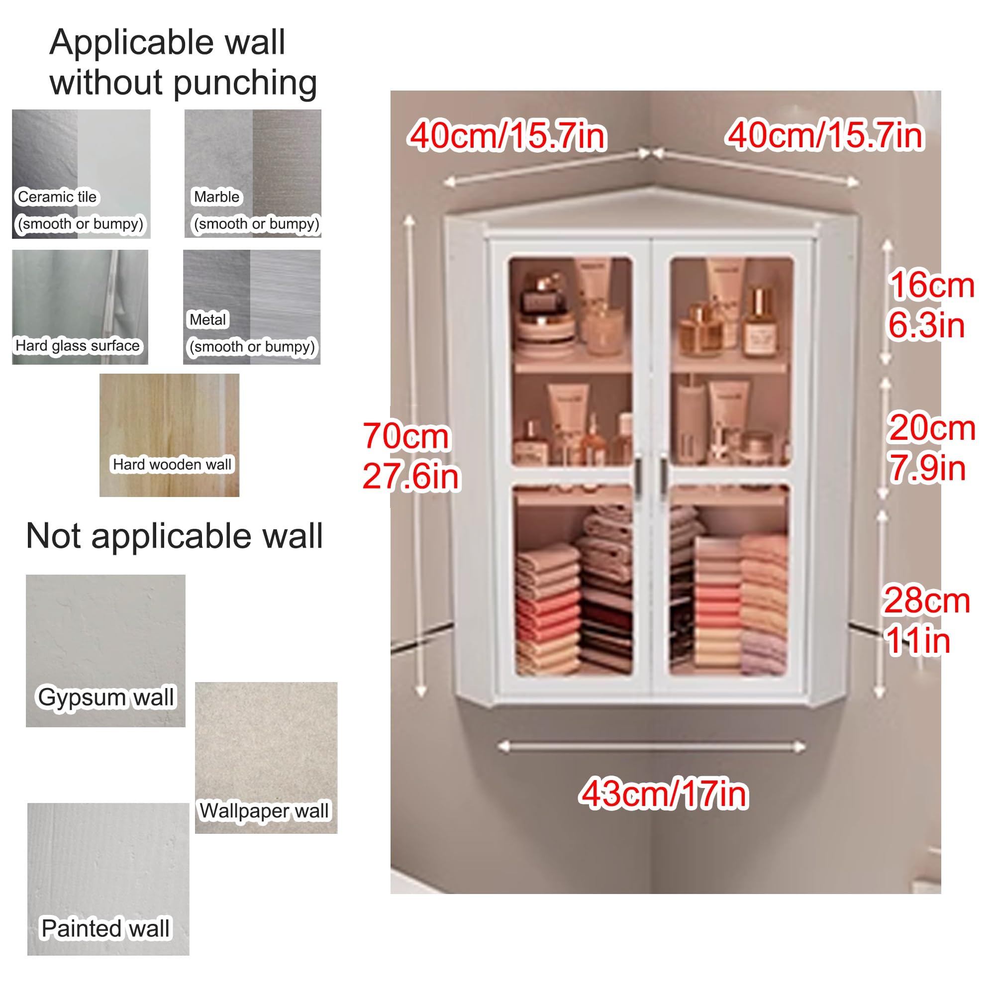 Armadietto bagno, Piccolo mobiletto angolare da bagno, mobiletto da parete per bagnos sopra il water, mobilettos sospeso per cucina, lavanderia, dormitori(Transparent,40 * 70cm)