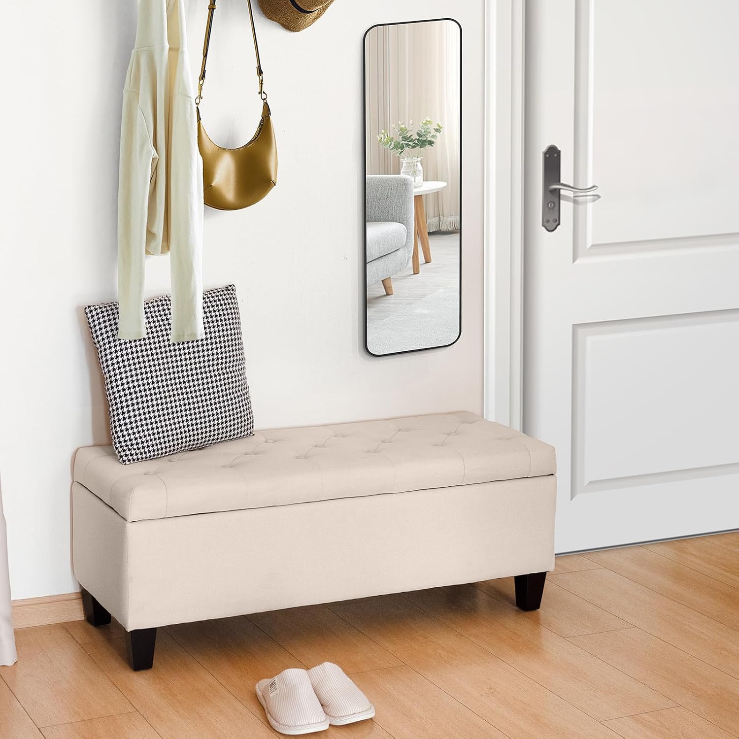 Redlife Modern Storage Ottoman Bench, Button Tufted Fabric Storage Ottoman with Wood Leg, 330 LBS Load, Beige