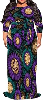 Women's Plus Size Crew Neck Maxi Dress Elegant 3/4 Sleeves Floor Length Dresses with Belt Wedding Guest Sundress