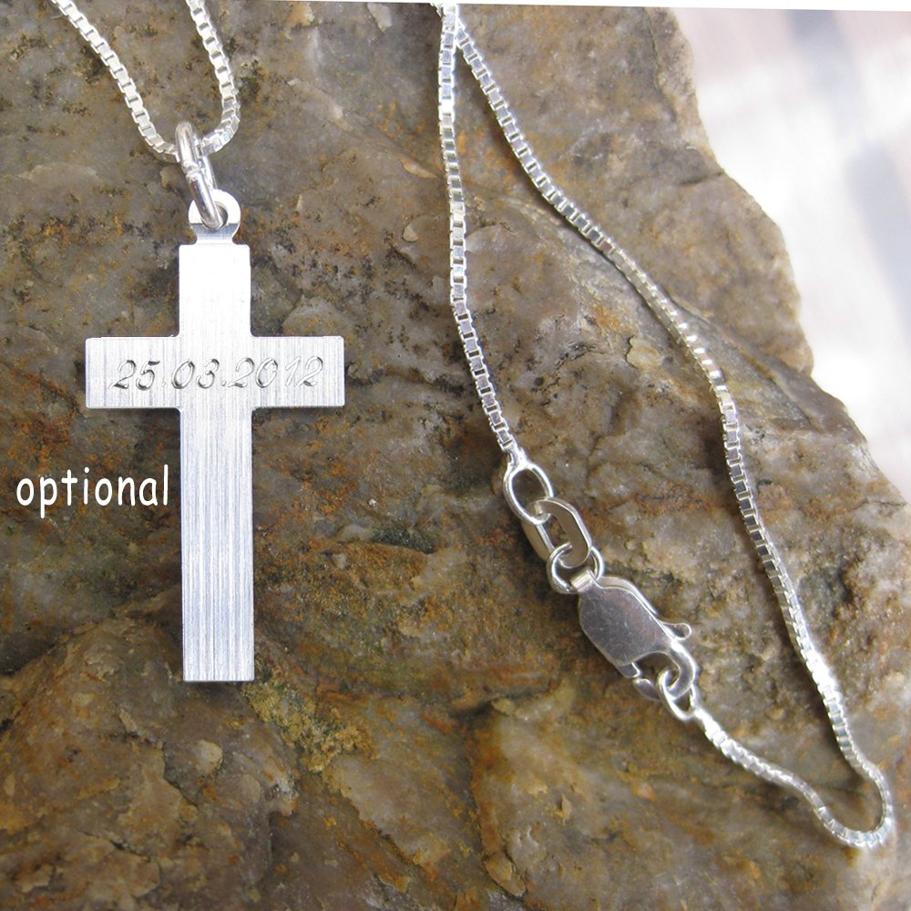 Silber Anhänger Kreuz 925 Sterling Silber mit SOFORTGRAVUR + VORSCHAU: Gravur eines Vornamens inklusive + Silber Trägerkette 32cm