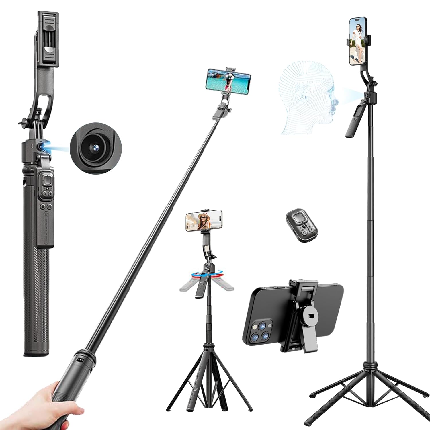 Kratos K8 AI-Powered 70 inch/178 CM Selfie Stick Tripod with Sensor, Auto Face Tracking Tripod with 360° Auto Rotating Tripod Stand for Mobile, Camera, Shooting, Blogging with Quad-Leg Stability