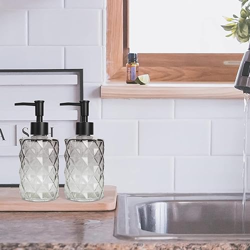 Miniatura 6 de Dispensador de jabón de vidrio degradado negro con bomba, paquete de 2 dispensadores de jabón de manos para baño, loción recargable y dispensador de