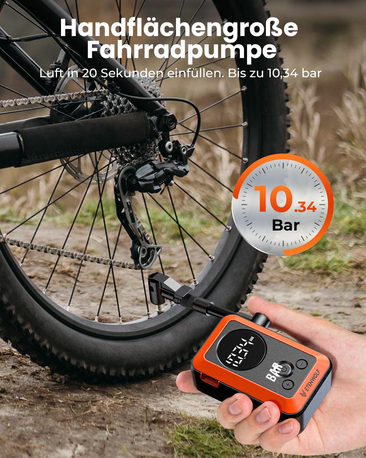 ETENWOLF Elektrische Fahrradpumpe,10,34 BAR Tragbare Reifenpumpe | Mit Presta&Schrader Ventil,Schnellbefüllung Sowie Auto-Stopp Luftpumpe,Mit Manometer Für Fahrräder,Mountainbike&Ball,Schwarz