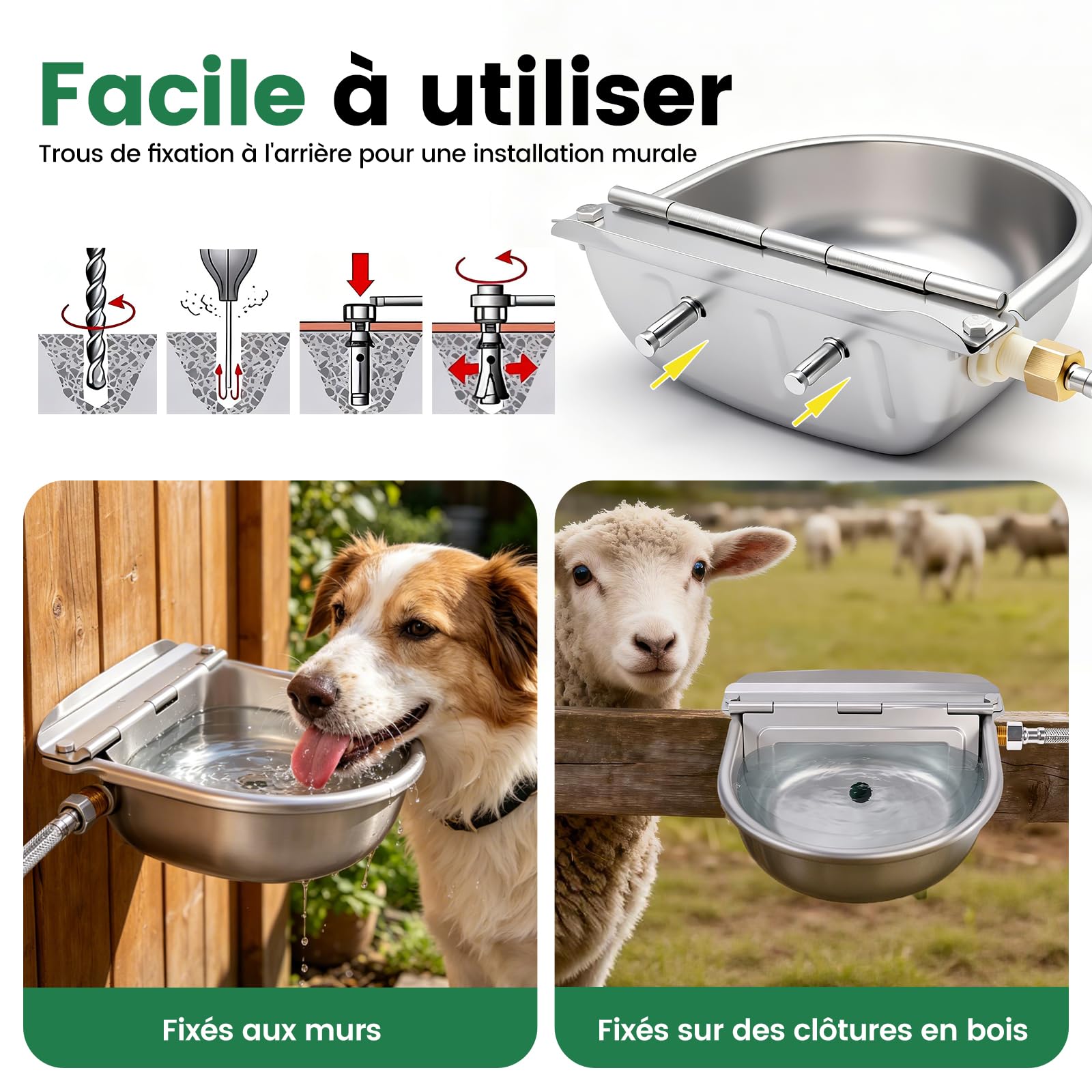 Abreuvoir Automatique en Acier Inoxydable 4L, Abreuvoir pour Chevaux et Bovins avec Vanne Flottante en Laiton et Trou de Vidange, Adapté aux Chevaux, Bovins, Chèvres, Moutons et Chiens