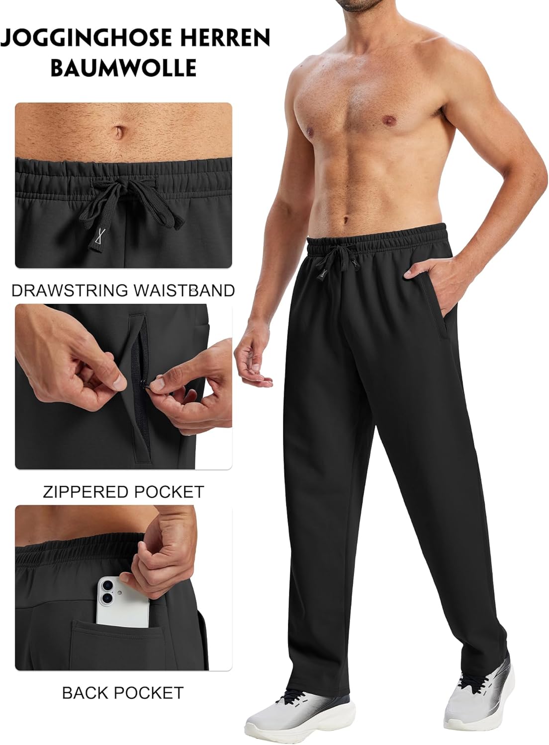 HIBETY Men's Cotton Yoga Sweatpants Open Bottom Athletic Lounge Pants Straight Leg Casual Pants for Men with Zipper Pockets