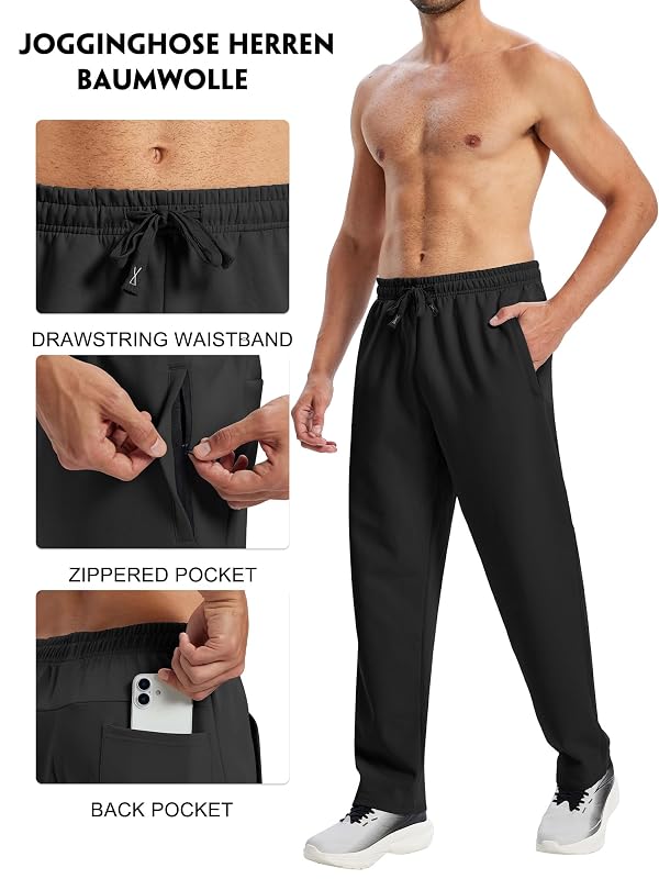 HIBETY Men's Relaxed Fit Cotton Yoga Sweatpants, Straight Leg Open Bottom Athletic Lounge Casual Pants with Zipper Pockets 01-Black-2XL by HIBETY - Used condition - Image 5