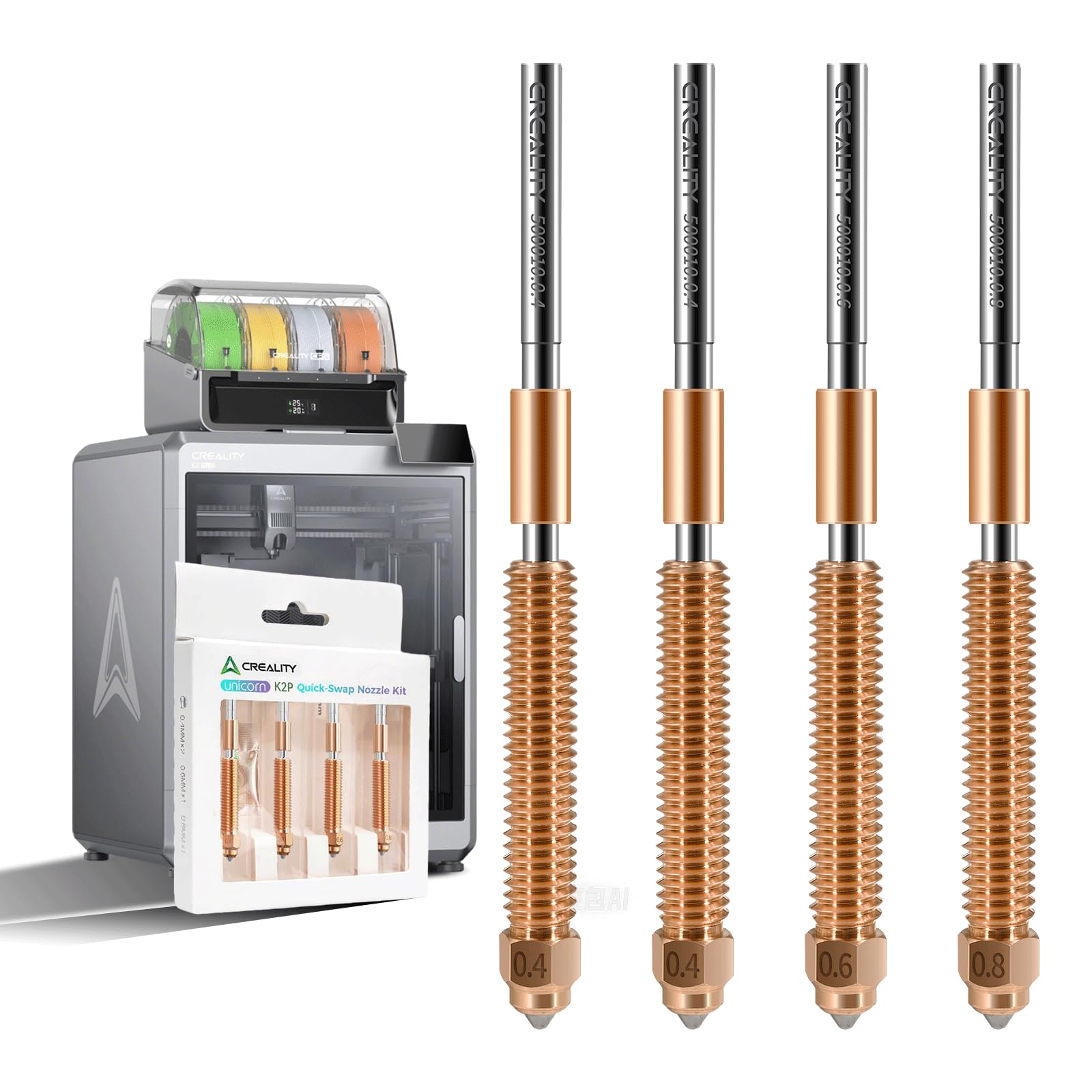 Creality K2 Plus Nozzles, 4PCS Unicorn Quick-Swap Nozzles Kit, High Flow Nozzle Replacement (0.4mm, 0.6mm, 0.8mm) with Titanium Alloy Heat Break,