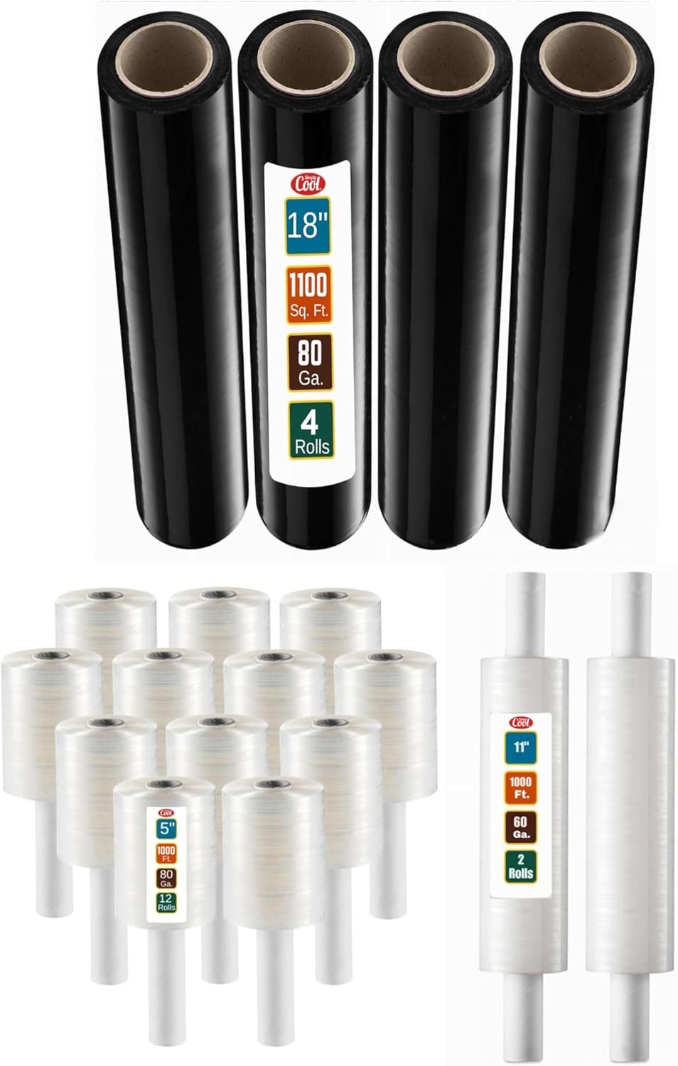 Simply Cool 4 Pack 18 inch Black Stretch Wraps, 12 Pack 5 inch Clear Stretch Wraps and Stretch Wrap with Handle Industrial Strength 2 Pack 11" x 1000 Ft 60 Gauge Thick