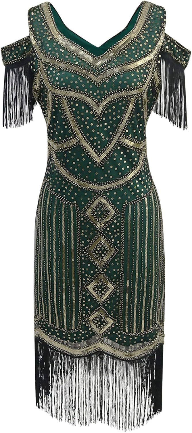 Women's 1920s Vintage Flapper Dresses Fringed Cold Shoulder Sequin Art Deco Dress Elegant Evening Cocktail Party Gowns