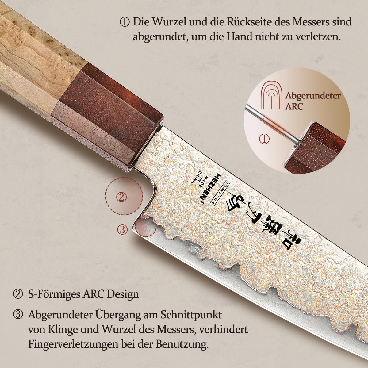 HEZHEN Kupfer Damaststahl Universal Messer，Damaskus Schälmesser Multifunktionales Obstmesser, Achteckiger Griff aus Figaro Bergahorn Holz+ Padauk-Maserholz