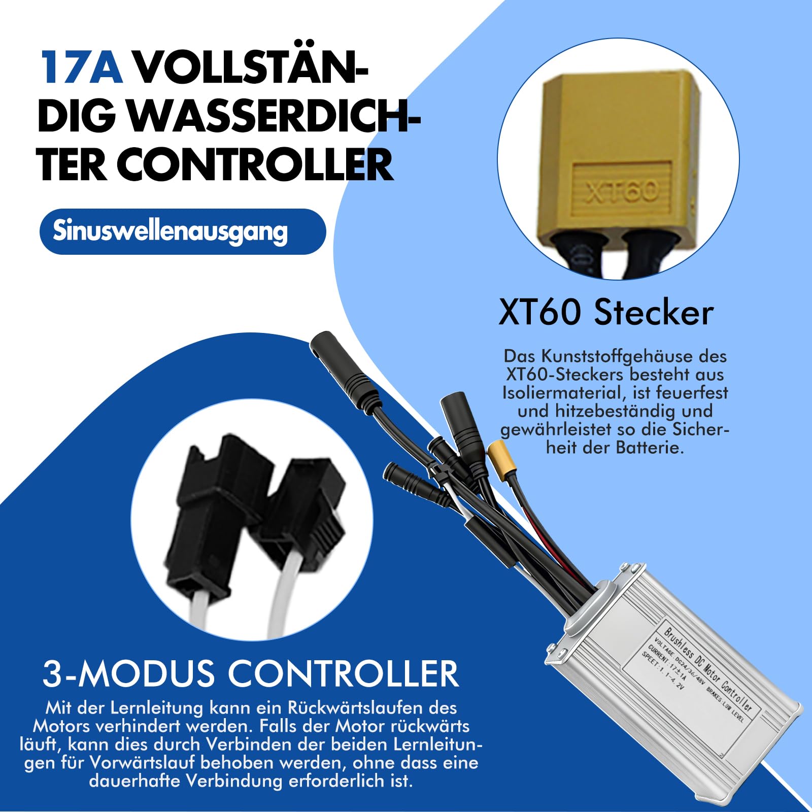 E-Bike Brushless Motor Controller Kit, 24V 36V 48V 250W 17A 3 Modus Sinuswellen Motor Controller S866 Farb LCD Display 130X Daumengas Kit für Elektrofahrrad Elektroroller