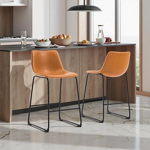 Miniatura 8 de Juego de 2 taburetes de bar de 26 pulgadas, taburetes de bar de altura de mostrador para isla de cocina, taburete de bar moderno de cuero de caballo