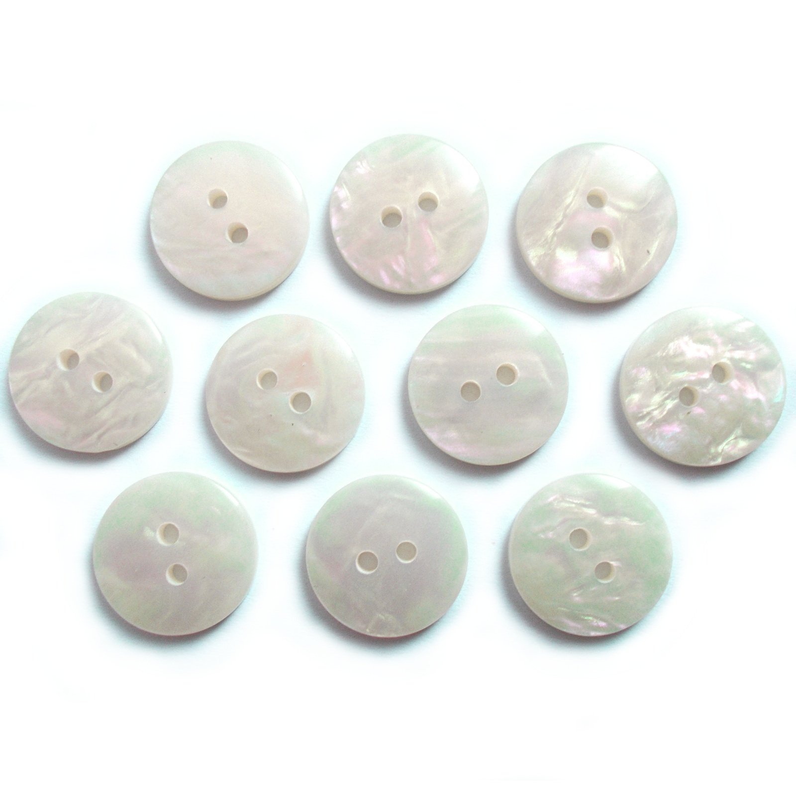 Mother of Pearl Effect Colour Buttons Round 2 Hole Pack of 10 (White, 20mm)