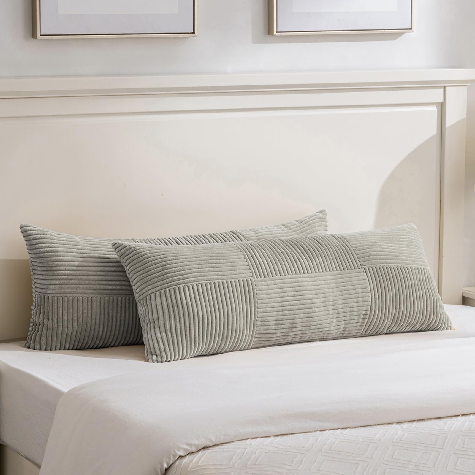 Fancy Homi Set of 2 Neutral Grey Boho Long Lumbar Body Decorative Throw Pillow Cover 14x36 Inch for Bed Couch Bedroom Bench, Soft Patchwork Corduroy Textured Pillow Case, Rustic Farmhouse Room Décor — image 1