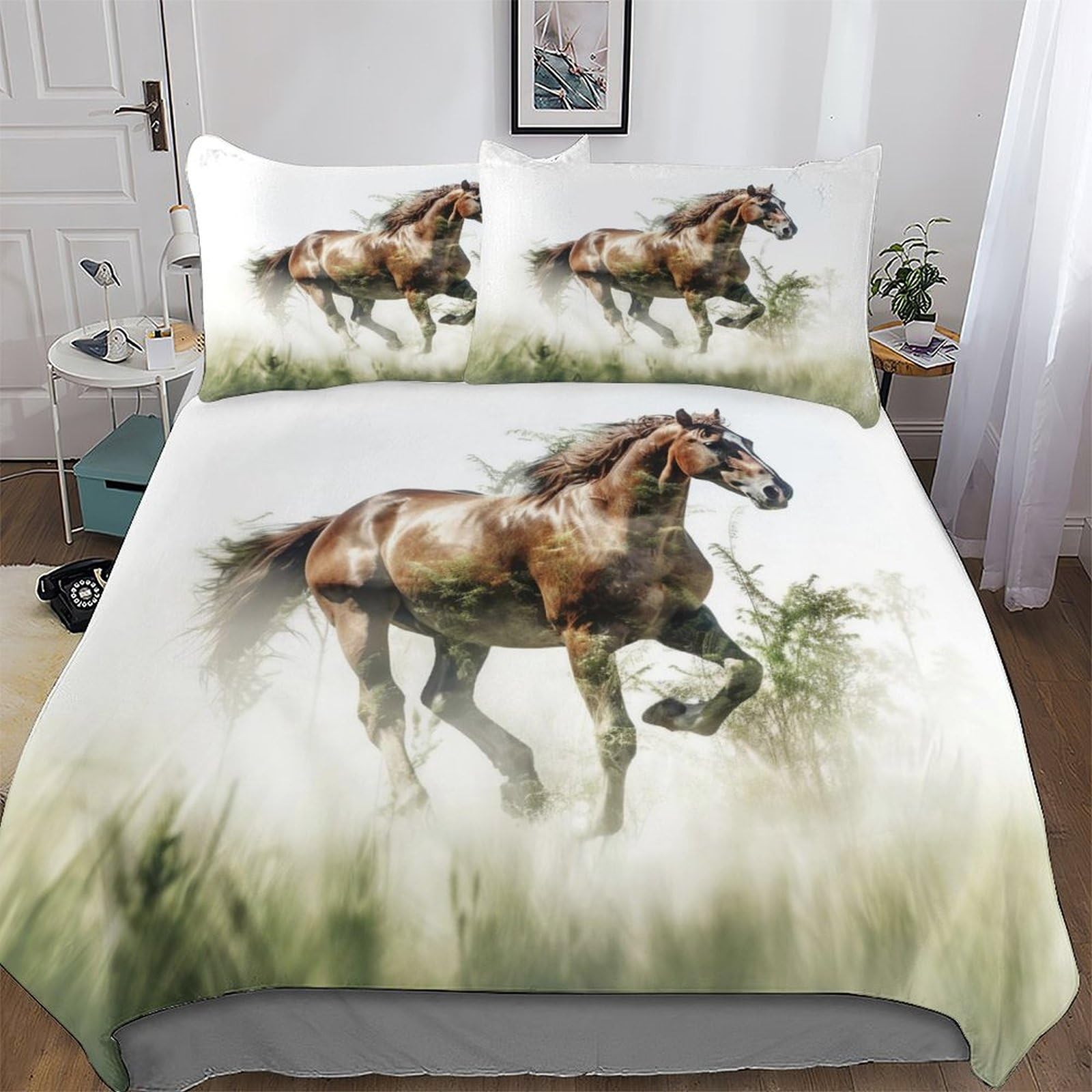 Housse de couette cheval microfibre anti-plis parure lit king sans repassage
