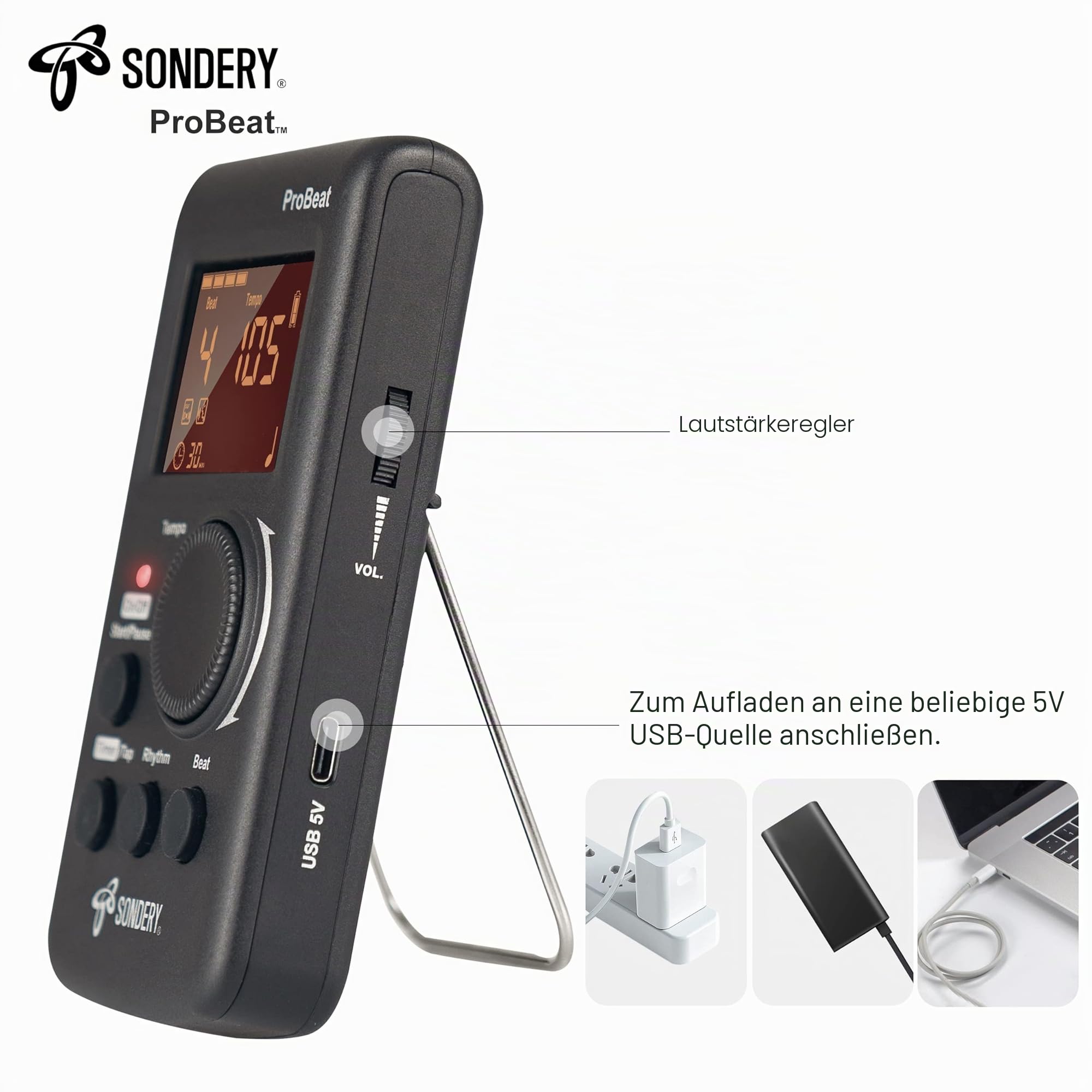 Sondery Digitales Metronom für Gitarre Piano Drum und alle Instrumente, Vocal Count Option und 3 Arten von digitalen Sounds, wird mit einem wiederaufladbaren Li-Akku im Inneren betrieben
