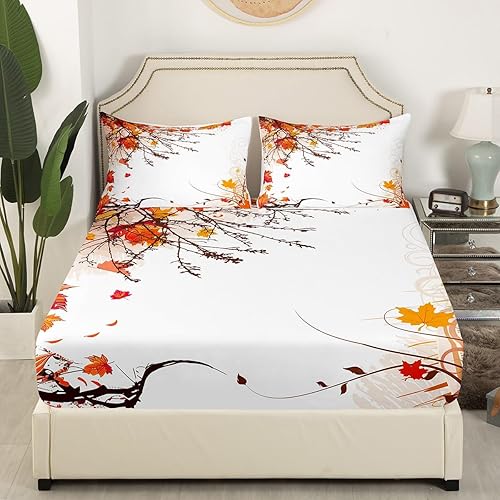 Miniatura 4 de Erosebridal Juego de sábanas de otoño de Acción de Gracias, tamaño Queen, diseño de hojas de arce rojo y naranja, juego de sábanas de jardín de