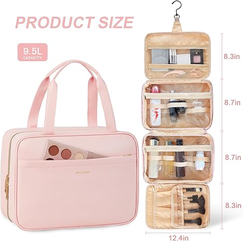 Miniatura 2 de Neceser de viaje con compartimento desmontable de 9.5 L, bolsa de maquillaje de cuero para mujer, bolsa de cosméticos de viaje, 9.5L Rosa